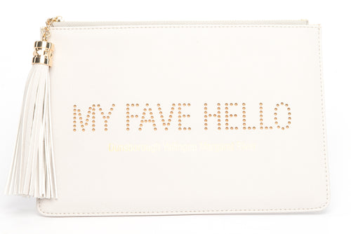 Dunsborough, Yallingup, Margaret River Region gorgeous women's "My Fave Hello" clutch, pouch to complete your look. Clutches with messages, evening & day styles, perfect gifts.