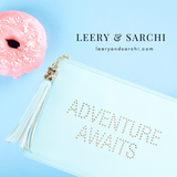 The perfect blue clutch, pouch, pencil case with personality to keep your belongings. Dress up or down. Great for parties or gifts. Adventure Awaits