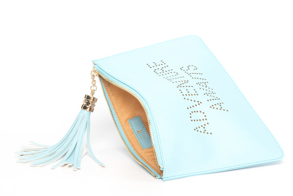 The perfect blue clutch, pouch, pencil case with personality to keep your belongings. Dress up or down. Adventure Awaits