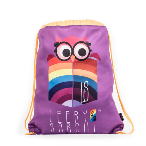 Art series purple drawstring bag with cute owl design for carrying your wet swimwear, beach towel, library books, sporting needs and a variety of your other favourite items. Use at school or home on the weekend!