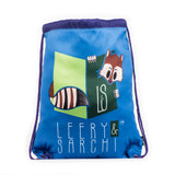 Art series blue green drawstring bag with cute fox design for carrying your wet swimwear, beach towel, library books, sporting needs and a variety of your other favourite items. Use at school or home on the weekend!