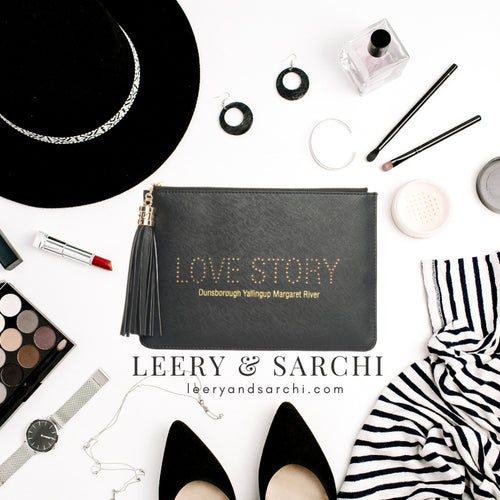 Dunsborough, Yallingup, Margaret River Region gorgeous women's black "Love Story" clutch, pouch to complete your look. Clutches with messages, evening & day styles, perfect gifts.
